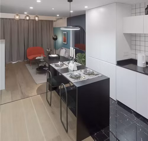 Bàn ăn được thiết kế đơn giản nhưng tiện dụng, rỗng bên dưới để xếp ghế vào ngay ngắn sau khi dùng, tiết kiệm tối đa khoảng không hẹp nơi phòng bếp.