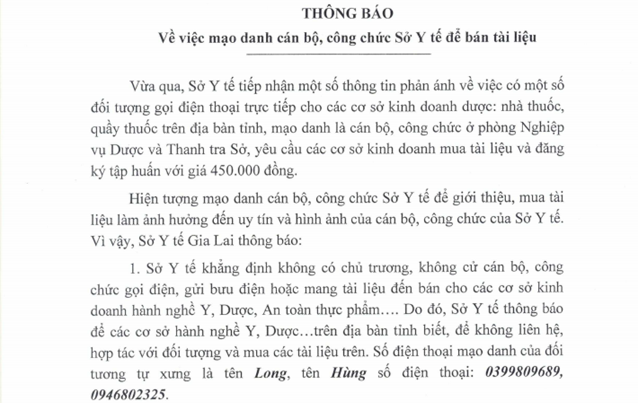 Thông báo của Sở Y tế Gia Lai về việc mạo danh bán tài liệu. Ảnh: N.N 