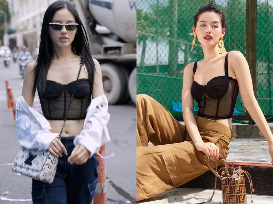 Chiếc crop-top xuyên thấu được Khánh Linh phối đa dạng với quần jean, quần khaki túi hợp mang hơi hướm vintage. Cô không lạm dụng phụ kiện. Trong những bộ cánh đủ gây chú ý thế này, Khánh Linh chỉ sử dụng thêm túi xách nhỏ hoặc balo dây rút để tổng thể hài hòa. 