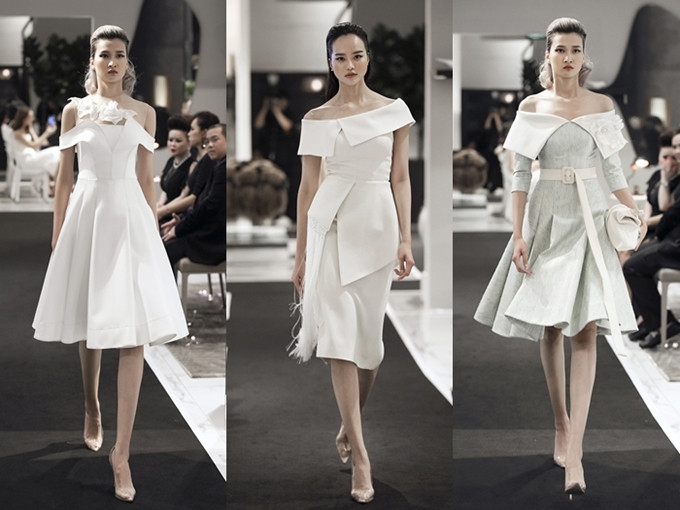 Nếu muốn phong cách nữ tính, pha chút gợi cảm, kiểu váy chữ A trễ vai là gợi ý lý tưởng cho các chị em. Nhà thiết kế đính kết bông hoa 3D giúp các bộ váy thêm phần cuốn hút. Nếu muốn phong cách nữ tính, pha chút gợi cảm, kiểu váy chữ A trễ vai là gợi ý lý tưởng cho các chị em. Nhà thiết kế đính kết bông hoa 3D giúp các bộ váy thêm phần cuốn hút.