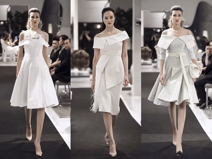 Nếu muốn phong cách nữ tính, pha chút gợi cảm, kiểu váy chữ A trễ vai là gợi ý lý tưởng cho các chị em. Nhà thiết kế đính kết bông hoa 3D giúp các bộ váy thêm phần cuốn hút.