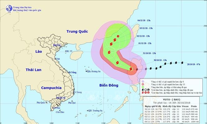 Bản đồ đường đi của bão Yutu. Ảnh: TTXVN phát