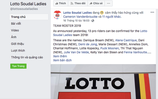 Thông báo của CLB Lotto-Soudal Ladies về danh sách VĐV năm 2019 Thông báo của CLB Lotto-Soudal Ladies về danh sách VĐV năm 2019