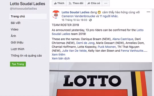 Thông báo của CLB Lotto-Soudal Ladies về danh sách VĐV năm 2019