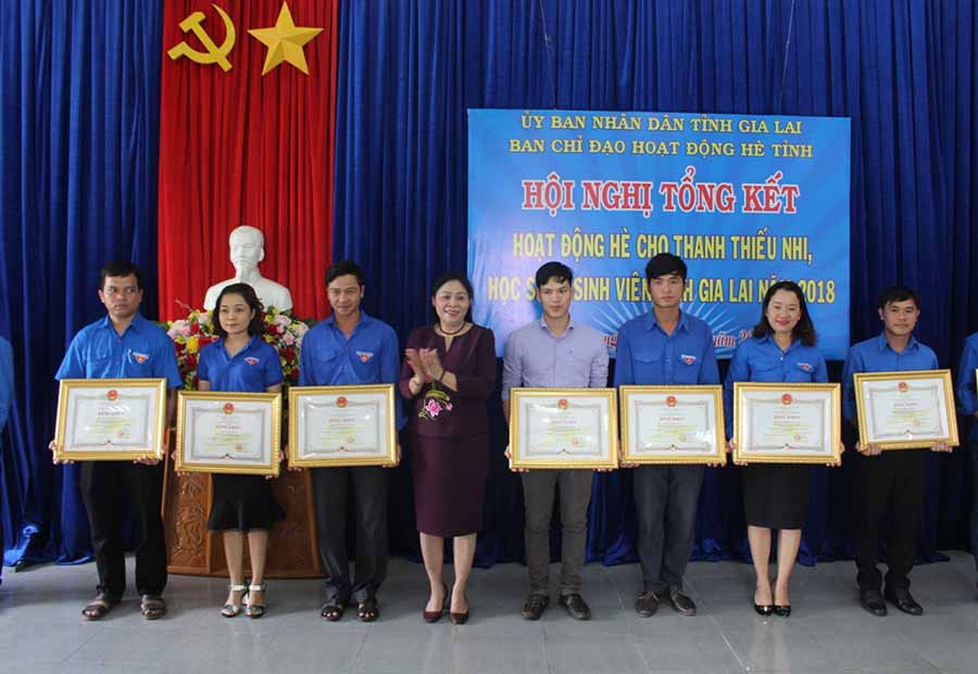 Phó Chủ tịch UBND tỉnh tặng bằng khen cho các cá nhân có thành tích xuất sắc trong hoạt động hè năm 2018. Ảnh: Phan Lài 