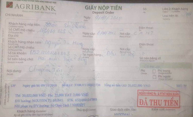 Giấy nộp tiền thành công mà chị Bình đã gửi vào tài khoản. Giấy nộp tiền thành công mà chị Bình đã gửi vào tài khoản.