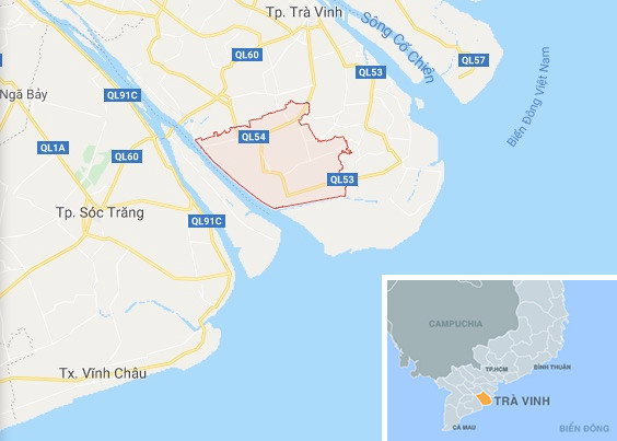 Huyện Trà Cú (khoanh đỏ), nơi xảy ra vụ việc. Ảnh: Google Maps. Huyện Trà Cú (khoanh đỏ), nơi xảy ra vụ việc. Ảnh: Google Maps.