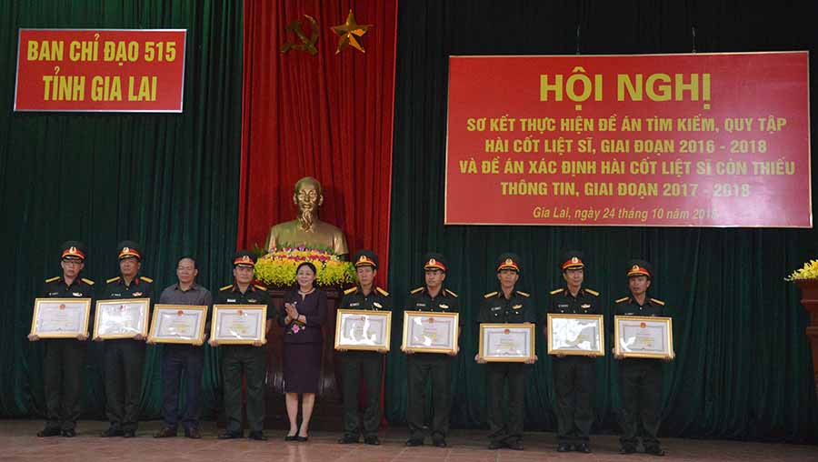 Phó chủ tịch UBND tỉnh Huỳnh Nữ Thu Hà trao Bằng khen của UBND tỉnh cho các tập thể, cá nhân. Ảnh: Anh Huy