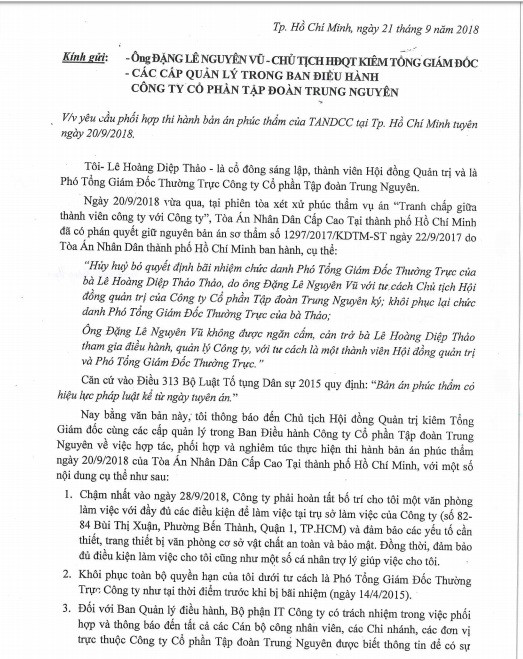 Yêu cầu Tập đoàn Trung Nguyên phối hợi thực hiện thi hành án của bà Lê Hoàng Diệp Thảo