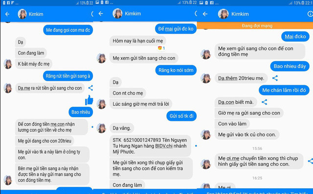 Những đoạn tin nhắn của "con gái giả" nhắn tin lừa chị Bình.  Những đoạn tin nhắn của