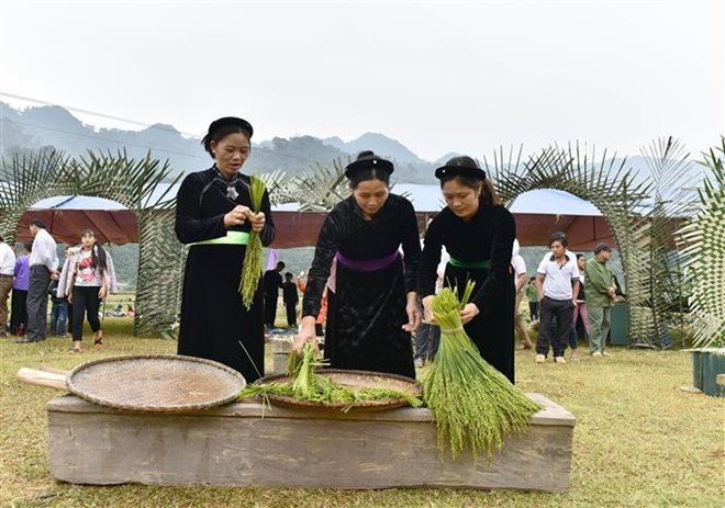 Bà con lựa chọn lúa để làm cốm. (Ảnh: Văn Tý/TTXVN)