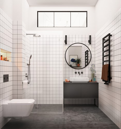 Phòng tắm màu xám và trắng có sàn bê tông chống trơn trượt và dễ dàng vệ sinh.