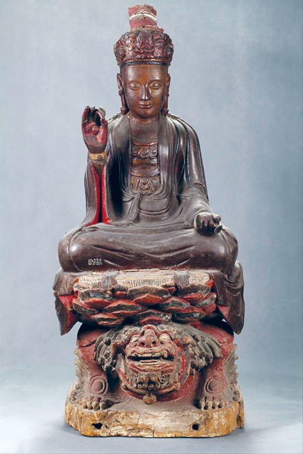 Tượng Văn Thù Bồ Tát gỗ sơn son thếp vàng thời Lê Trung hưng thế kỷ 17-18. Tượng Văn Thù Bồ Tát gỗ sơn son thếp vàng thời Lê Trung hưng thế kỷ 17-18.