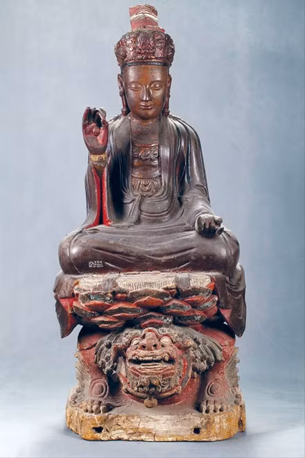 Tượng Văn Thù Bồ Tát gỗ sơn son thếp vàng thời Lê Trung hưng thế kỷ 17-18.