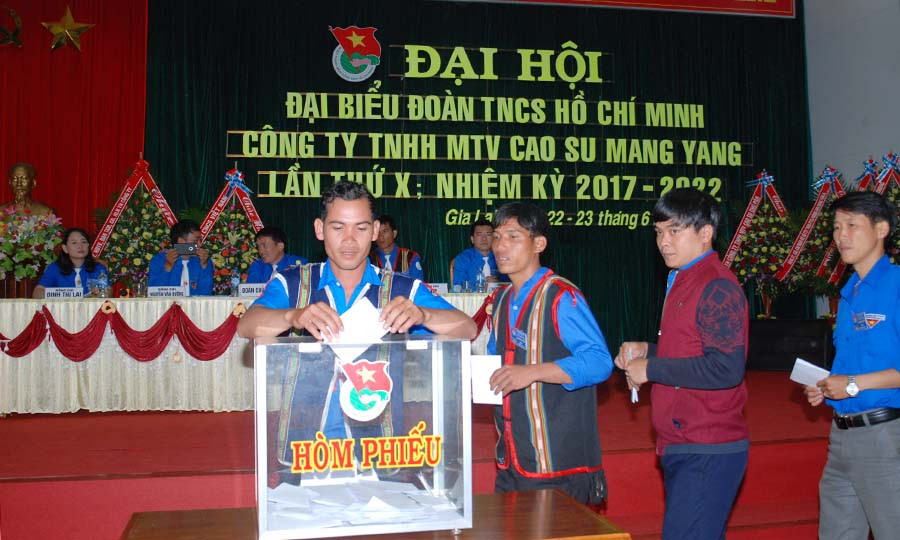 Đại biểu bỏ phiếu bầu Ban chấp hành Đoàn TNCS Hồ Chí Minh Công ty TNHH một thành viên Cao su Mang Yang nhiệm kỳ 2017-2022. Ảnh: Đ.Y 1 Các Đại biểu bỏ phiếu bầu tại Đại hội đại biểu Đoàn TNCS Hồ Chí Minh Công ty TNHH một thành viên Cao su Mang Yang lần thứ X, nhiệm kỳ 2017-2022. Ảnh: Đ.Y