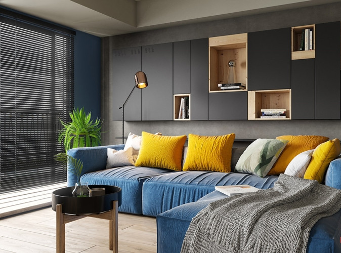 Để không gian luôn cân bằng, một bức tường màu xám đã được sử dụng phía sau ghế sofa. Để không gian luôn cân bằng, một bức tường màu xám đã được sử dụng phía sau ghế sofa.