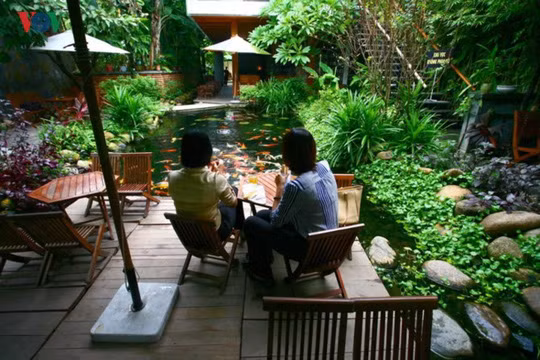  Không gian thoáng đãng, cây xanh và hồ cá là những yếu tố đặc sắc hút khách.