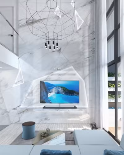 Trần nhà cao với họa tiết đá cẩm thạch gây ấn tượng mạnh bởi sự sang trọng, tinh tế