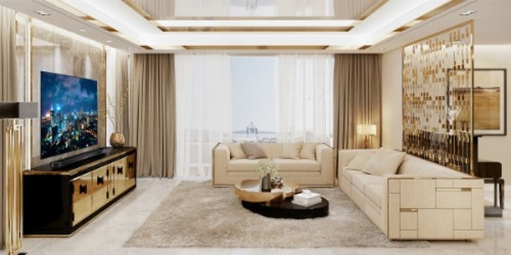 Trần nhà với những đường cắt ấn tượng được mạ vàng kim.