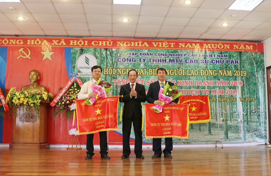 Tặng Cờ thi đua của Tập đoàn Công nghiệp Cao su Việt Nam cho 2 tập thể đã hoàn thành xuất sắc nhiệm vụ, dẫn đầu phong trào thi đua cấp cơ sở năm 2018. Ảnh: Hồng Thương
