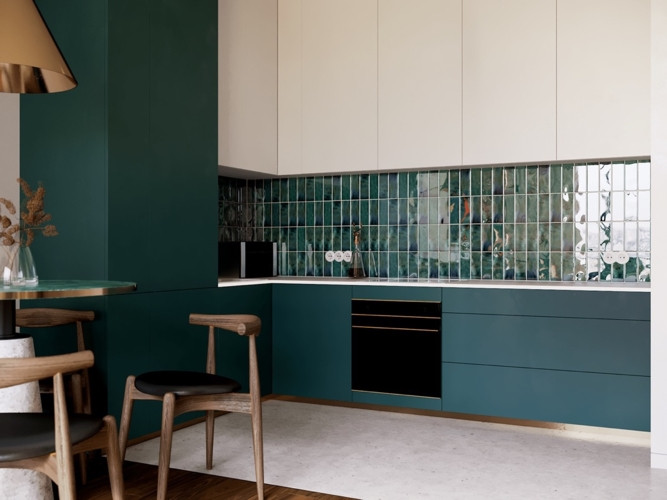 Tủ tường màu trắng làm sáng căn bếp.