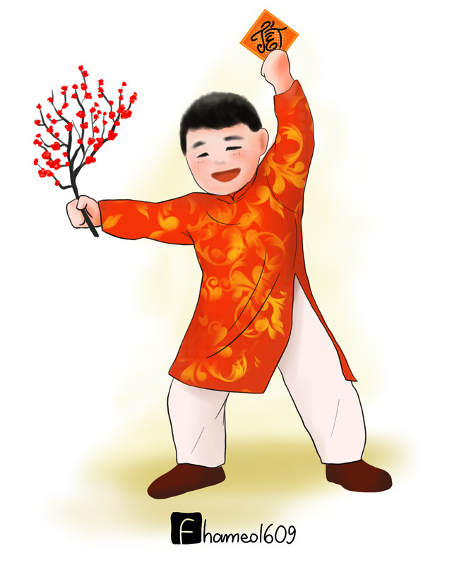 Hà Đức Chinh hớn hở với cành đào chơi Tết.