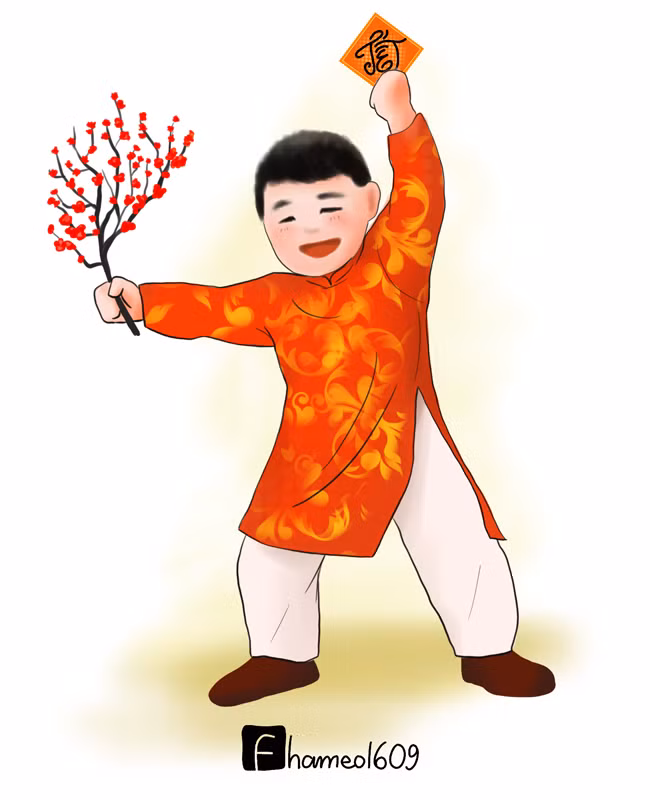 Hà Đức Chinh hớn hở với cành đào chơi Tết.