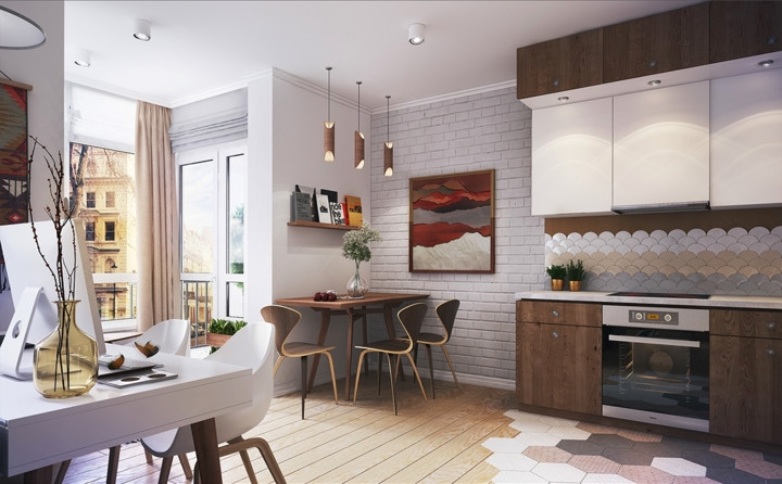 Góc tường tận dụng để đặt bộ bàn ăn. Góc tường tận dụng để đặt bộ bàn ăn.