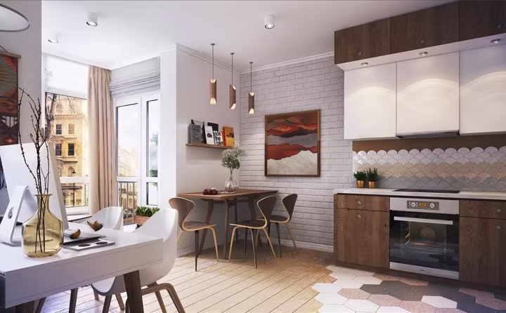 Góc tường tận dụng để đặt bộ bàn ăn.