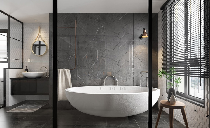 Phòng tắm màu xám được hỗ trợ với gạch có họa tiết sắc sảo. Phòng tắm màu xám được hỗ trợ với gạch có họa tiết sắc sảo.