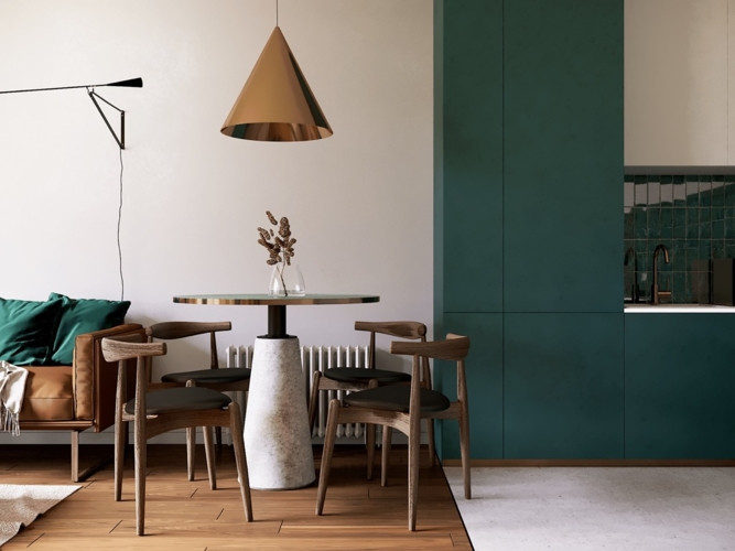 Khu vực ăn uống liền kề với ghế sofa, nơi đèn mặt dây chuyền hình nón cung cấp ánh sáng cho chiếc bàn bằng đồng.