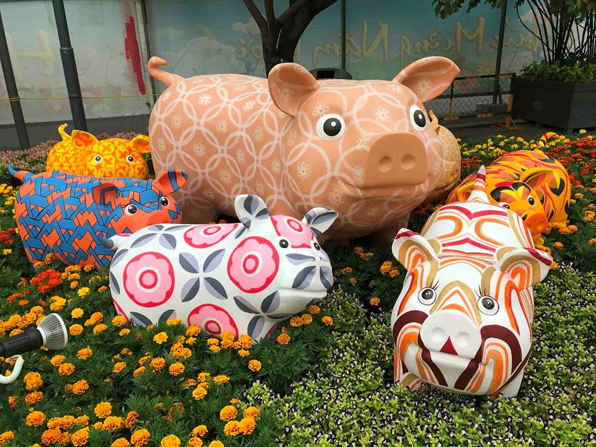  Trải dài dọc đường hoa là nhiều chú heo, gia đình heo được trang trí một cách ngộ nghĩnh, dí dỏm tạo cảm giác bắt mắt cho người xem.