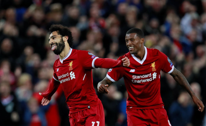  Mohamed Salah ăn mừng bàn nâng tỉ số lên 2-1 cho Liverpool. Ảnh: REUTERS