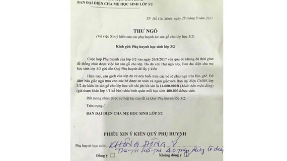 Thư ngỏ của hội phụ huynh lớp vận động đóng góp lót sàn gỗ lớp học ở một trường tiểu học tại quận 1 (TPHCM)