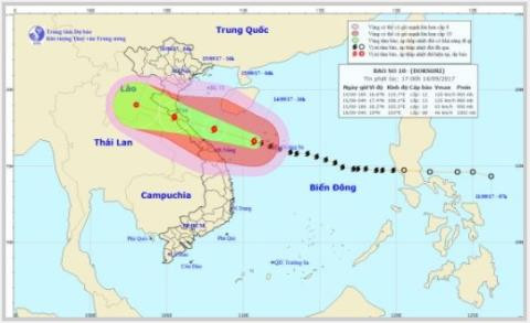Hướng di chuyển bão số 10. Theo Trung tâm Dự báo Khí tượng thủy văn Trung ương