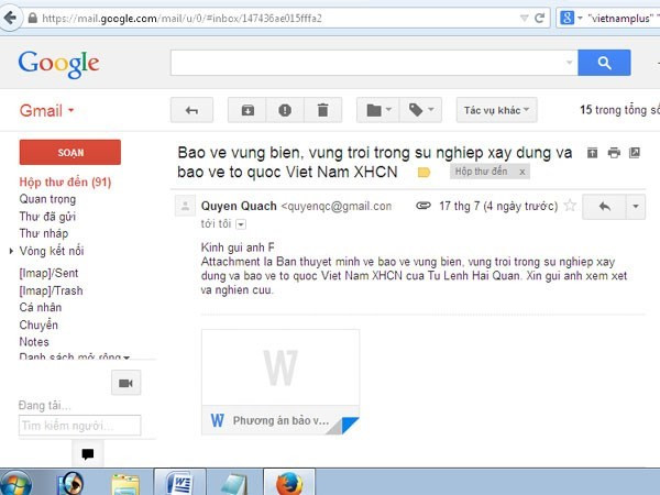 Email giả mạo gửi tới hòm thư của phóng viên VietnamPlus. (Ảnh: Vietnam+)