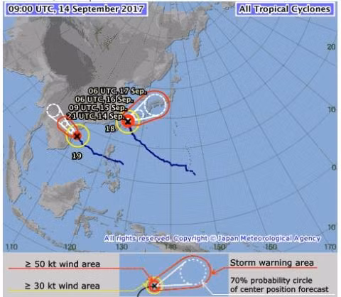 Hướng di chuyển bão số 10. Theo Trung tâm Dự báo Khí tượng Thủy văn Nhật Bản