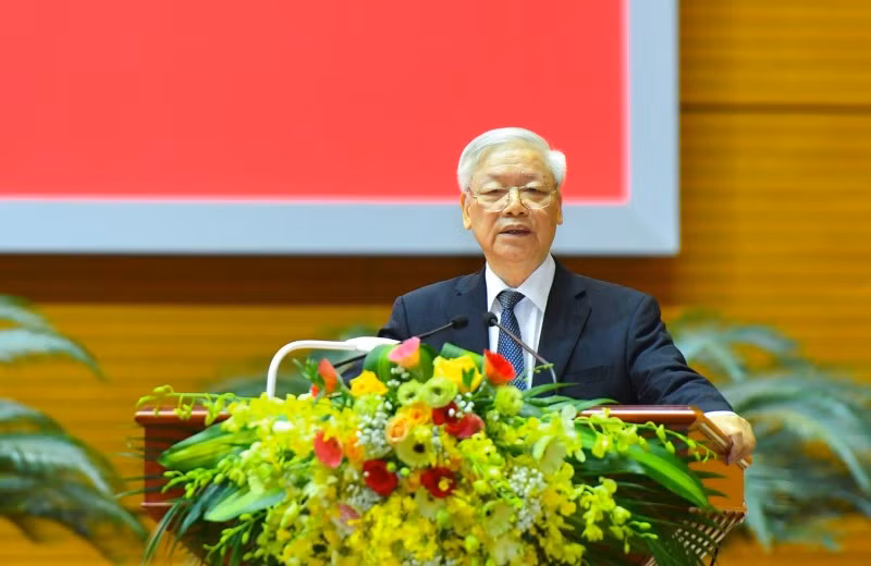 Tổng Bí thư, Chủ tịch nước Nguyễn Phú Trọng phát biểu chỉ đạo tại Hội nghị tổng kết công tác kiểm tra, giám sát nhiệm kỳ Đại hội XII của Đảng. (Ảnh nguồn NDĐT)