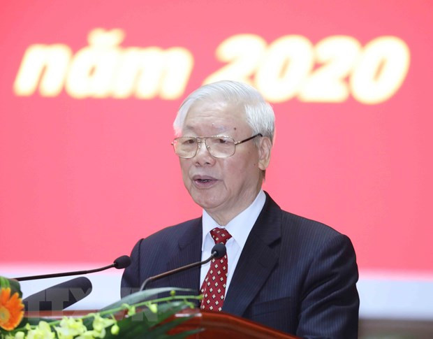  Tổng Bí thư, Chủ tịch nước Nguyễn Phú Trọng phát biểu tại Hội nghị cán bộ toàn quốc tổng kết công tác tổ chức Đại hội đảng bộ các cấp nhiệm kỳ 2020-2025. (Ảnh: Phương Hoa/TTXVN)