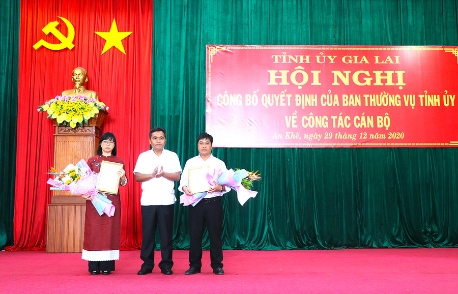  Đồng chí Hồ Văn Niên-Ủy viên dự khuyết Ban Chấp hành Trung ương Đảng, Bí thư Tỉnh ủy, Trưởng đoàn đại biểu Quốc hội tỉnh Gia Lai trao Quyết định, tặng hoa cho các đồng chí Nguyễn Thị Thanh Lịch, Đinh Văn Cương. Ảnh: Ngọc Minh