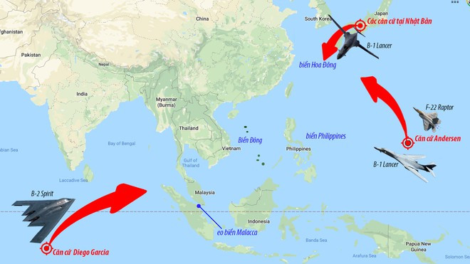 Các căn cứ mà chiến đấu cơ Mỹ có thể xuất kích đến Biển Đông - Đồ họa: Hoàng Đình