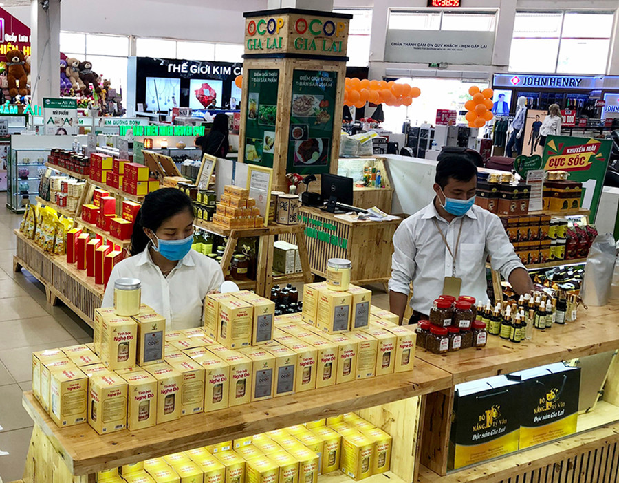 Gian hàng trưng bày và bán các sản phẩm OCOP của tỉnh tại Siêu thị Co.op Mart Pleiku. Ảnh: Lê Nam Gian hàng trưng bày và bán các sản phẩm OCOP của tỉnh tại Siêu thị Co.op Mart Pleiku. Ảnh: Lê Nam