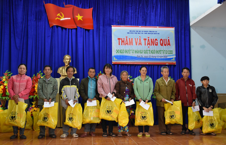 Tỉnh hội thăm, tặng quà cho gia đình người khuyết tật trên địa bàn huyện Đak Pơ. Ảnh: Hà Phương
