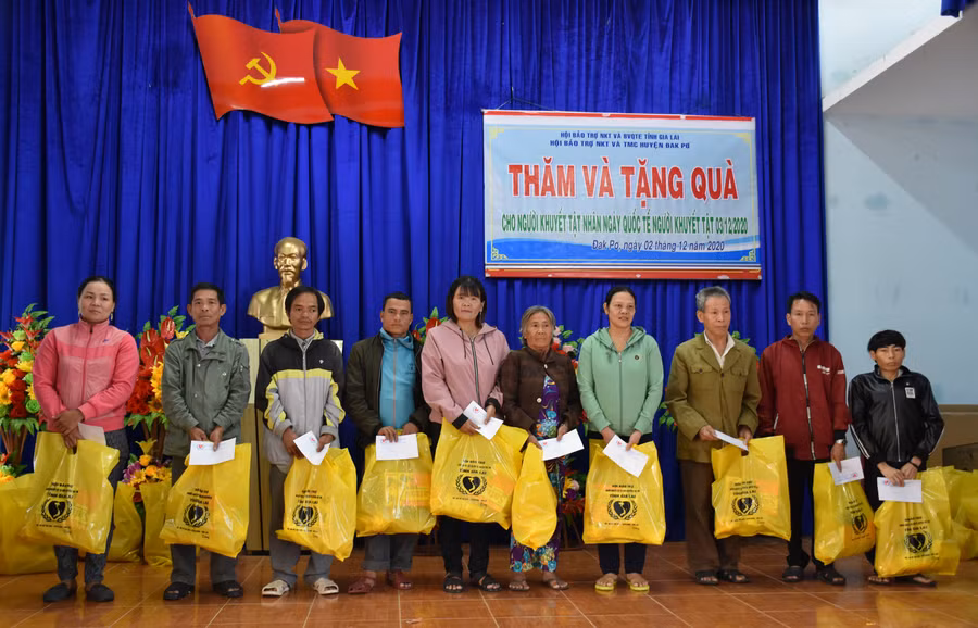 Tỉnh hội thăm, tặng quà cho gia đình người khuyết tật trên địa bàn huyện Đak Pơ. Ảnh: Hà Phương