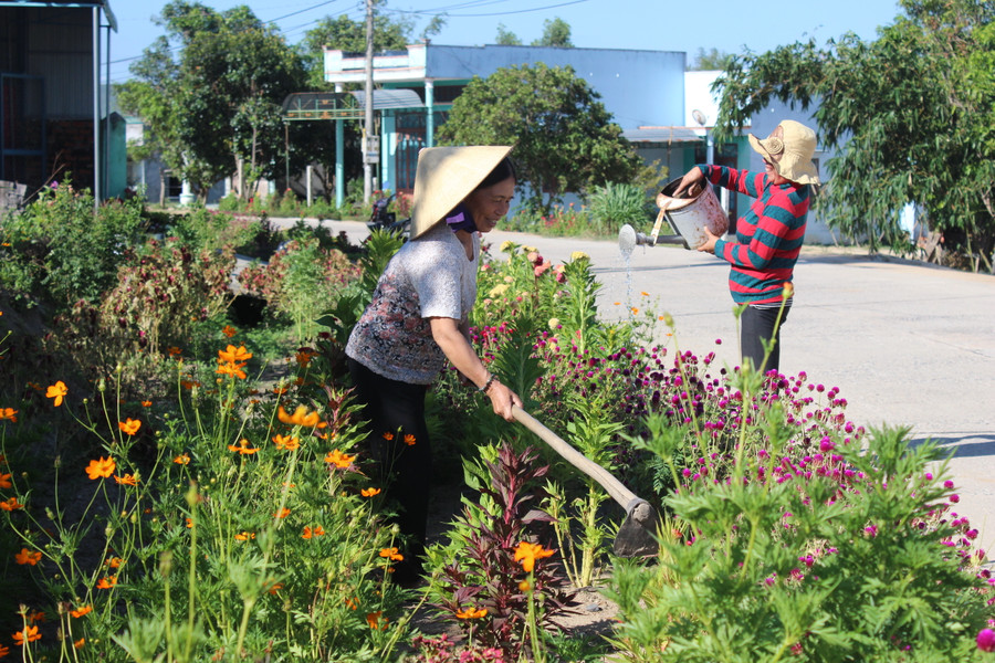 Người dân xã Xuân An, thị xã An Khê tích cực trồng hoa, tạo cảnh quan môi trường xanh-sạch-đẹp trong khu dân cư. Ảnh Ngọc Minh