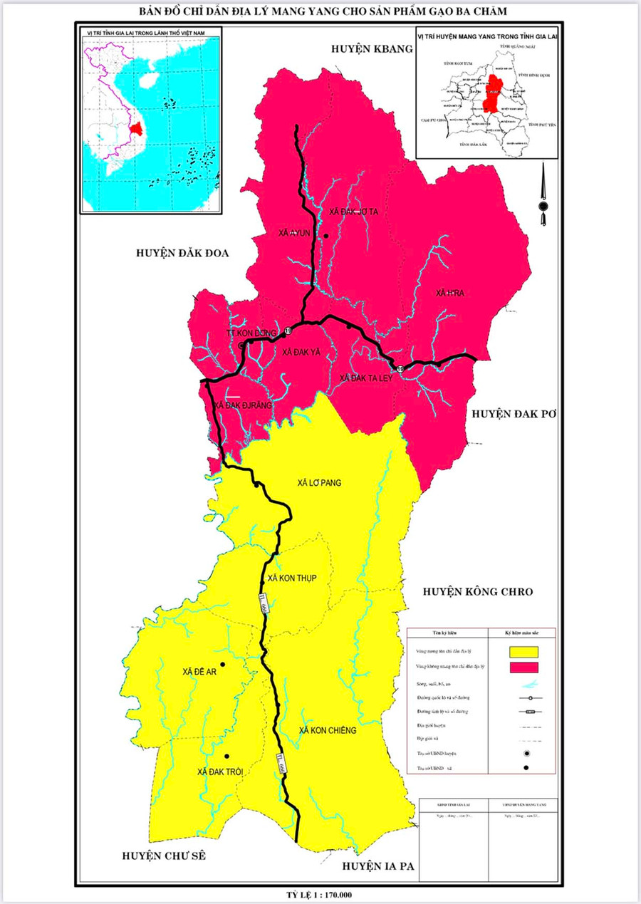 Bản đồ chỉ dẫn địa lý “Mang Yang” cho sản phẩm gạo Ba Chăm. Bản đồ chỉ dẫn địa lý “Mang Yang” cho sản phẩm gạo Ba Chăm.