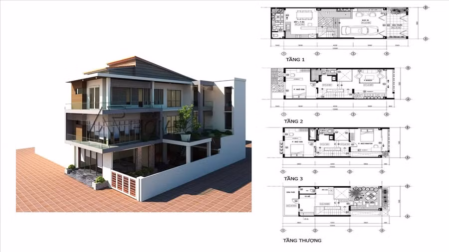 Mẫu nhà lệch tầng với diện tích sàn chỉ hơn 40m2 nhưng với thiết kế thông minh kèm theo giếng trời sẽ khiến không gian rộng ra trông thấy. Đồ họa: Đức Mạnh