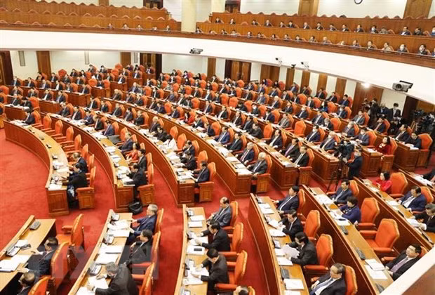  Các vị lãnh đạo Đảng, Nhà nước và các đại biểu dự hội nghị. (Ảnh: Trí Dũng/TTXVN)