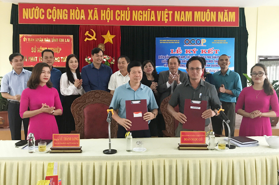 Lãnh đạo Sở Nông nghiệp và PTNT Gia Lai và lãnh đạo Ban Xây dựng NTM Quảng Ninh ký kết biên bản ghi nhớ. Ảnh: Diệp Tấn