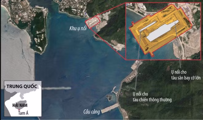 Hình ảnh vệ tinh cho thấy Trung Quốc vừa xây ụ nổi phục vụ tàu sân bay cỡ lớn ở căn cứ Du Lâm tại Tam Á, Hải Nam -Ảnh: SCMP Hình ảnh vệ tinh cho thấy Trung Quốc vừa xây ụ nổi phục vụ tàu sân bay cỡ lớn ở căn cứ Du Lâm tại Tam Á, Hải Nam -Ảnh: SCMP